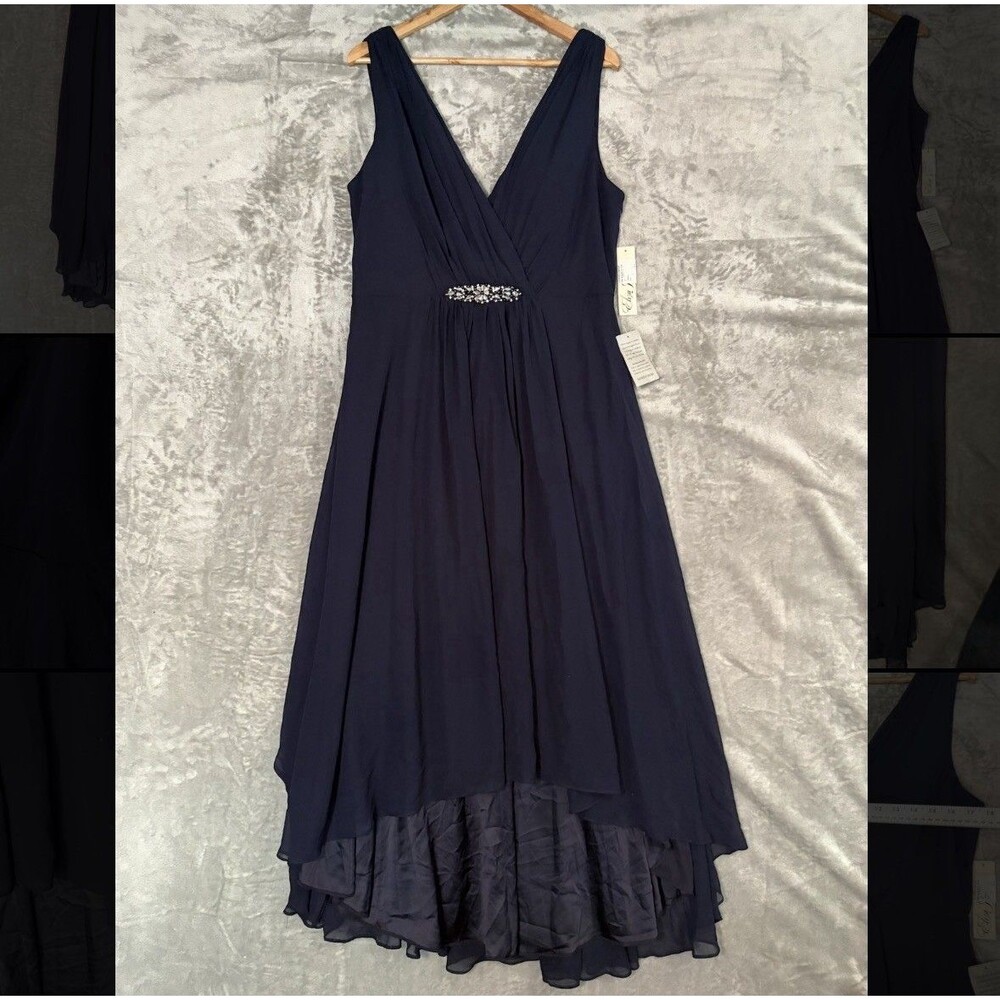 NWT Eliza J Navy Blue Embellished Waist High-Low Chiffon Gown Size 18 - $188